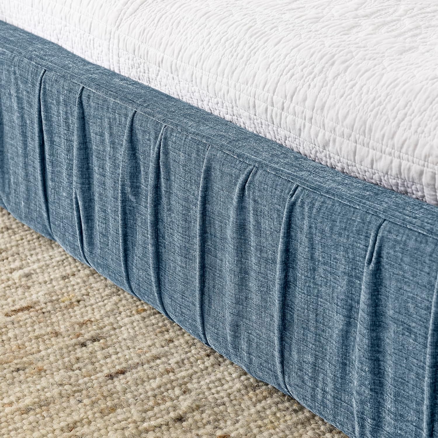 Ball & Cast Queen Size Low Bed Frame,Chenille Upholstered Platform Bed with Pleated Design Headboard,Grounded Floor Bed with Wood Slat Support,No Box Spring Needed,Dark Blue
