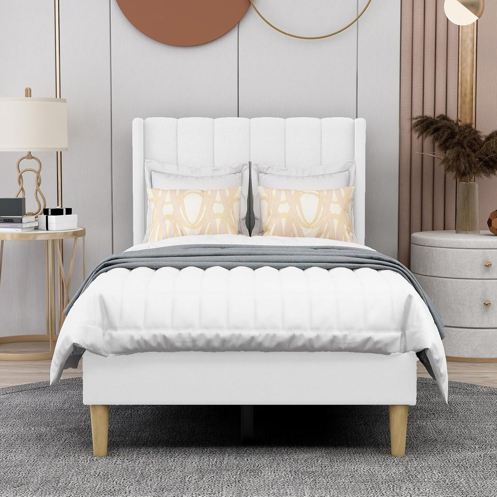 AGARTT Upholstered Platform Bed Frame Twin Size with Headboard and Footboard/Wooden Slats Support/No Box Spring Needed/Easy Assembly,White Linen
