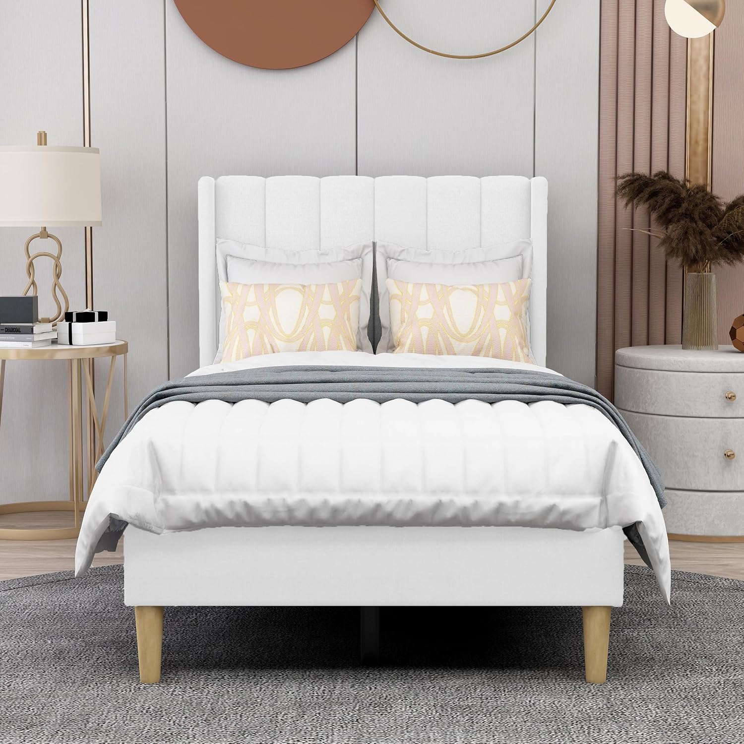 AGARTT Upholstered Platform Bed Frame Twin Size with Headboard and Footboard/Wooden Slats Support/No Box Spring Needed/Easy Assembly,White Linen