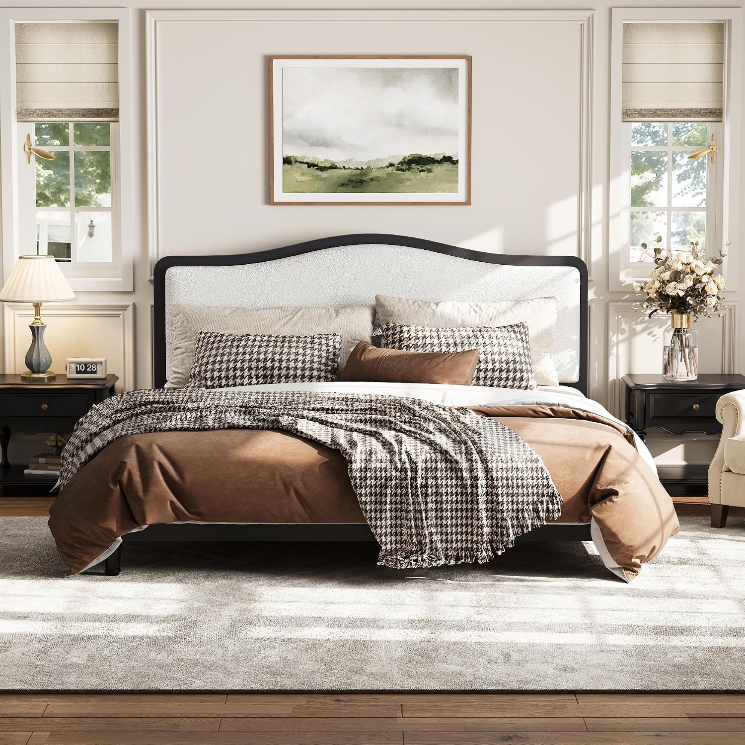 VilroCaz Queen Size Platform Bed with Upholstered Headboard, Versatile Solid Wood Platform Bed Frame with Sturdy Slats Support (Black Frame, Queen)