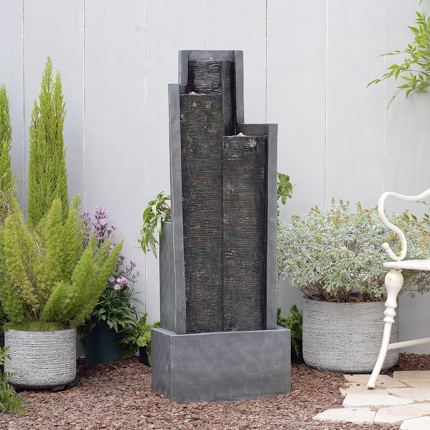 Sunlinua 49.6H Modern Outdoor Water Fountain with LED Light Garden Cascading Waterfall Feature for Indoor or Outdoor Cascading Waterfall for Relaxing Garden Patio Backyard Porch or Home Décor