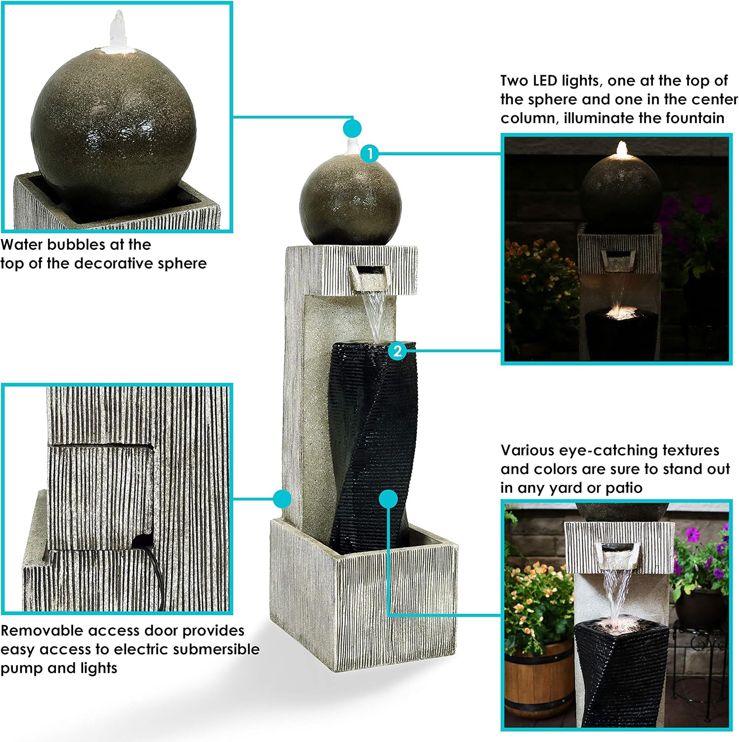 Sunnydaze Modern Artistry 35-Inch Outdoor Water Fountain - LED Lights - Electric Submersible Pump with Adjustable Flow