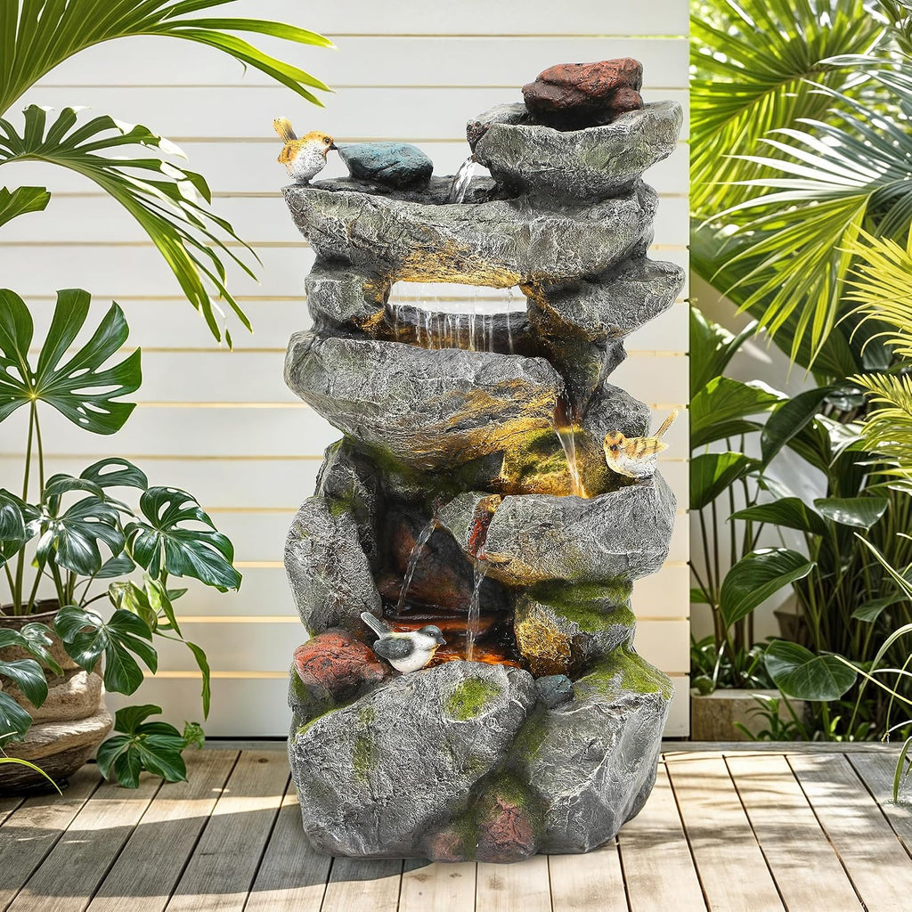 31.5' Multi-Tier Rock Outdoor Water Fountain with LED Lights, Cascading Waterfall with Birds for Garden Patio Porch, Weather-Resistant Resin Water Feature for Tranquil Oasis