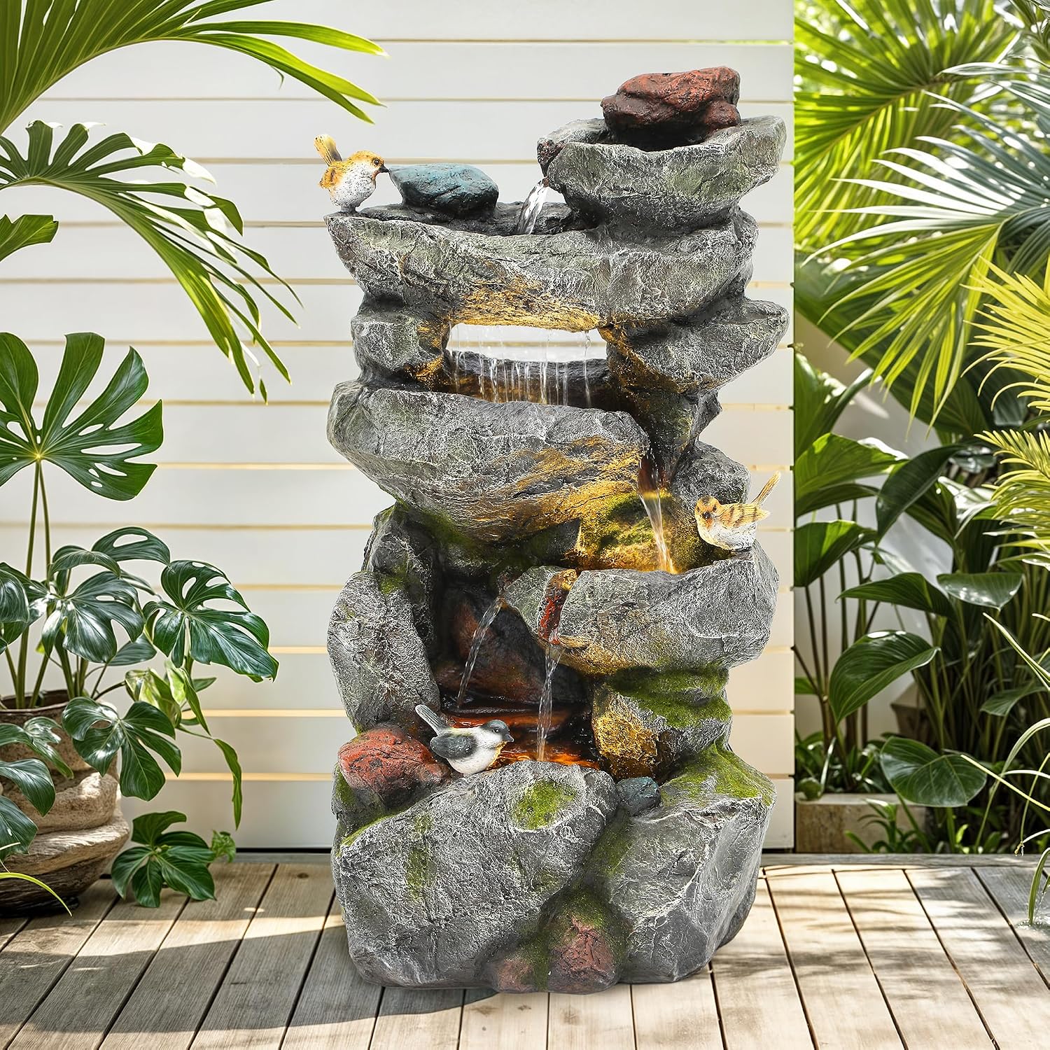 31.5' Multi-Tier Rock Outdoor Water Fountain with LED Lights, Cascading Waterfall with Birds for Garden Patio Porch, Weather-Resistant Resin Water Feature for Tranquil Oasis