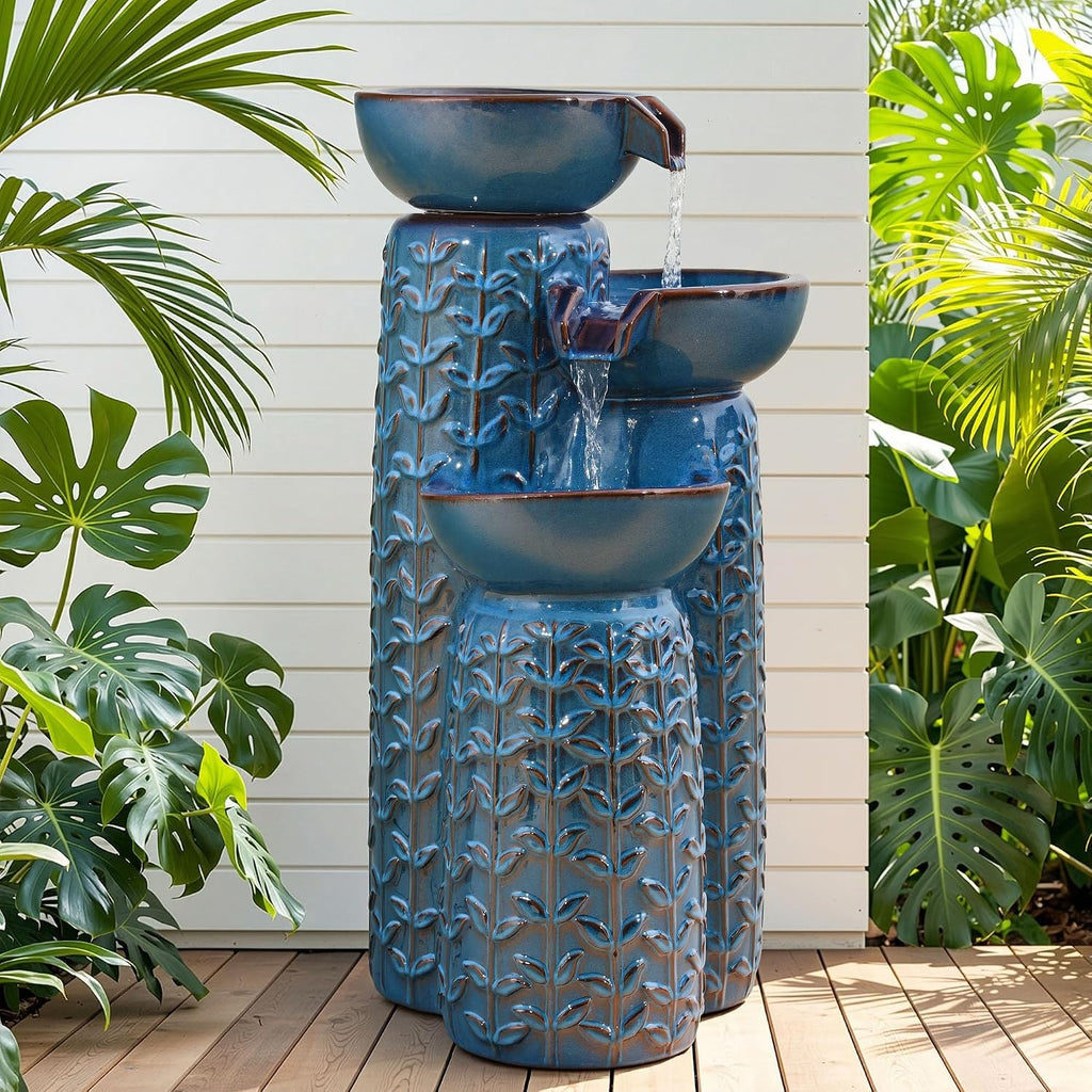 28' H Ceramic Outdoor Water Fountain with LED Lights, 3-Tier Cascading Bowls Water Feature, Tranquil Waterfall for Relaxing Garden, Patio, Yard, or Porch, Turquoise, Embossed Leaf Patterns