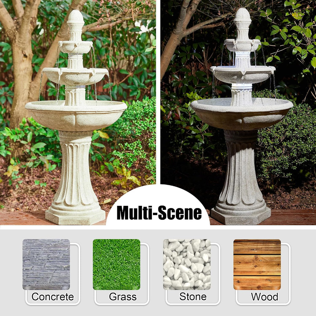 Glitzhome Water Fountain Outdoor Floor-Stand Fountains with LED Light & Pump, Oversized 3 Tier Terrazzo Waterfalls Patio Fountain and Waterfalls Outdoor Yard Fountains for Lawn Garden Backyard Deck