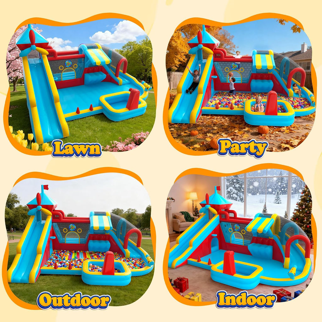Inflatable Bounce House with Double Slide, Water Slide with Jumping Area, 10 in 1 Large Bounce Castle, Splash Pool, Climbing Wall, Toy Stand, Water Cannon, Basketball, Tunnel, Outdoor, Indoor, Blue