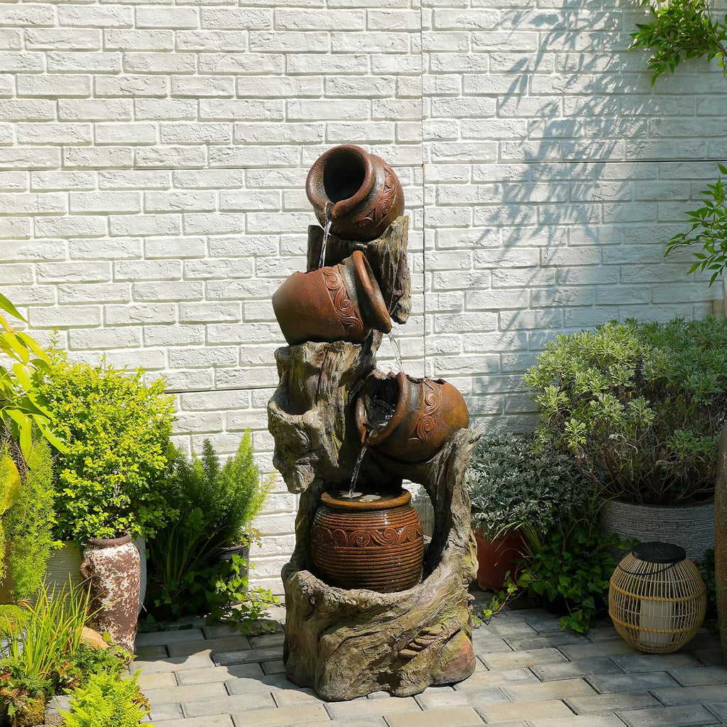 47' H Outdoor Water Fountain with LED Lights, 4-Tier Cascading Water Fountain for Indoor & Outdoor Use, Garden Patio Waterfall Fountain with Rustic Wood-Style Design for Porch, Backyard Décor