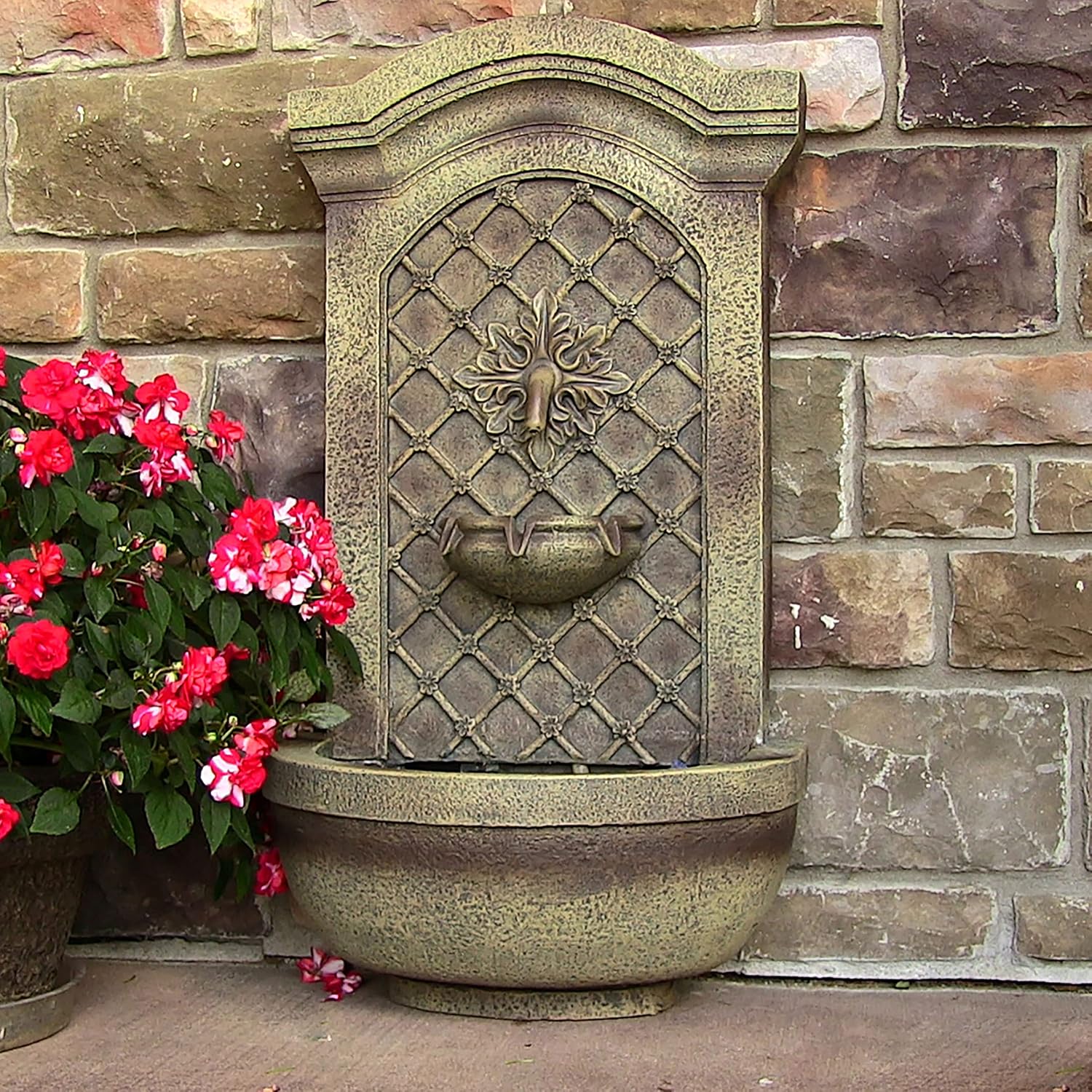 Sunnydaze Rosette 31' Outdoor Wall Water Fountain with Pump - Florentine Stone - Electric