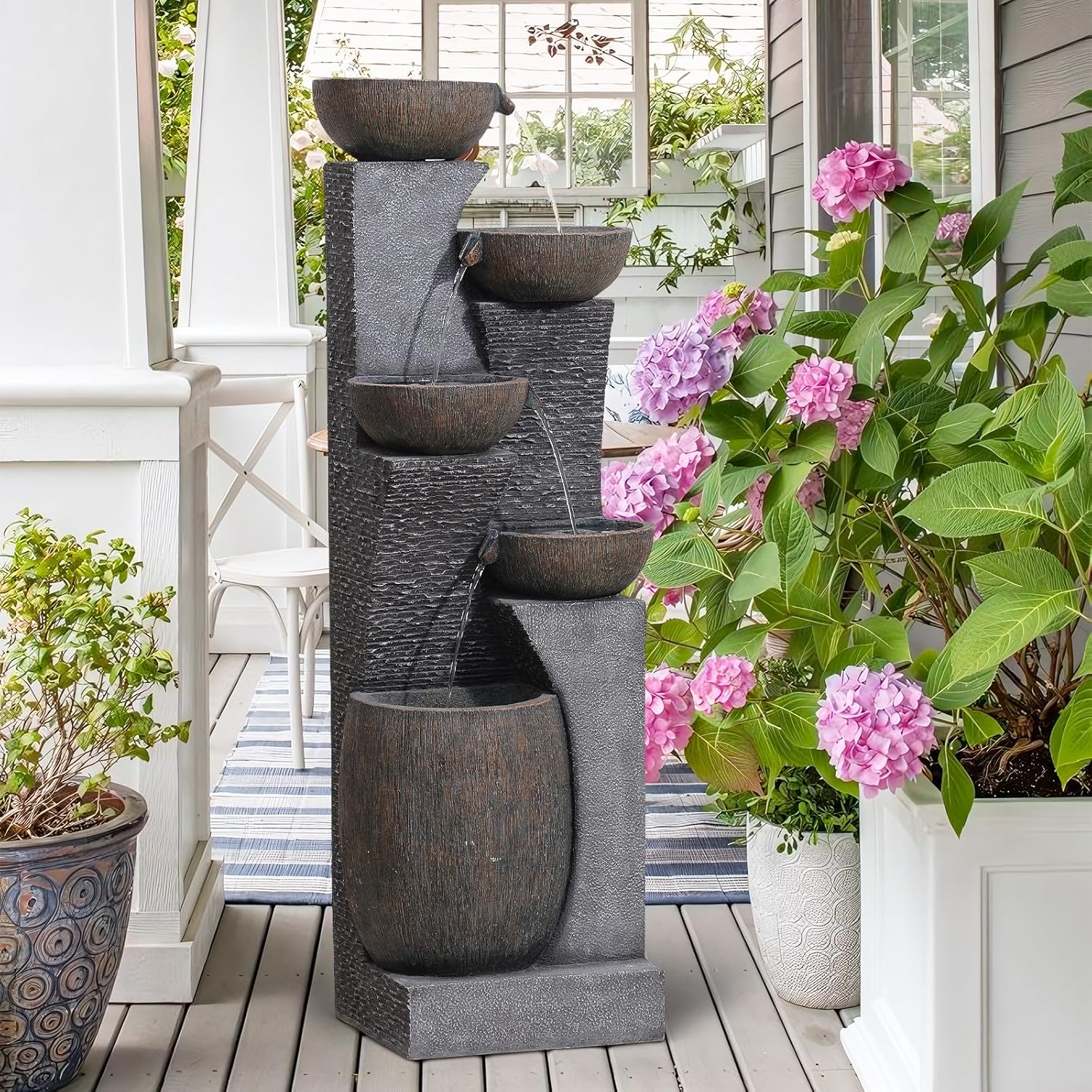 Bumilgar 51.4' H Outdoor Garden Water Fountain for Garden, Patio, Backyard, Deck, Porch and Home Art Decor, 5 Tiers Modern Cascading Large Outdoor Fountain with Lights
