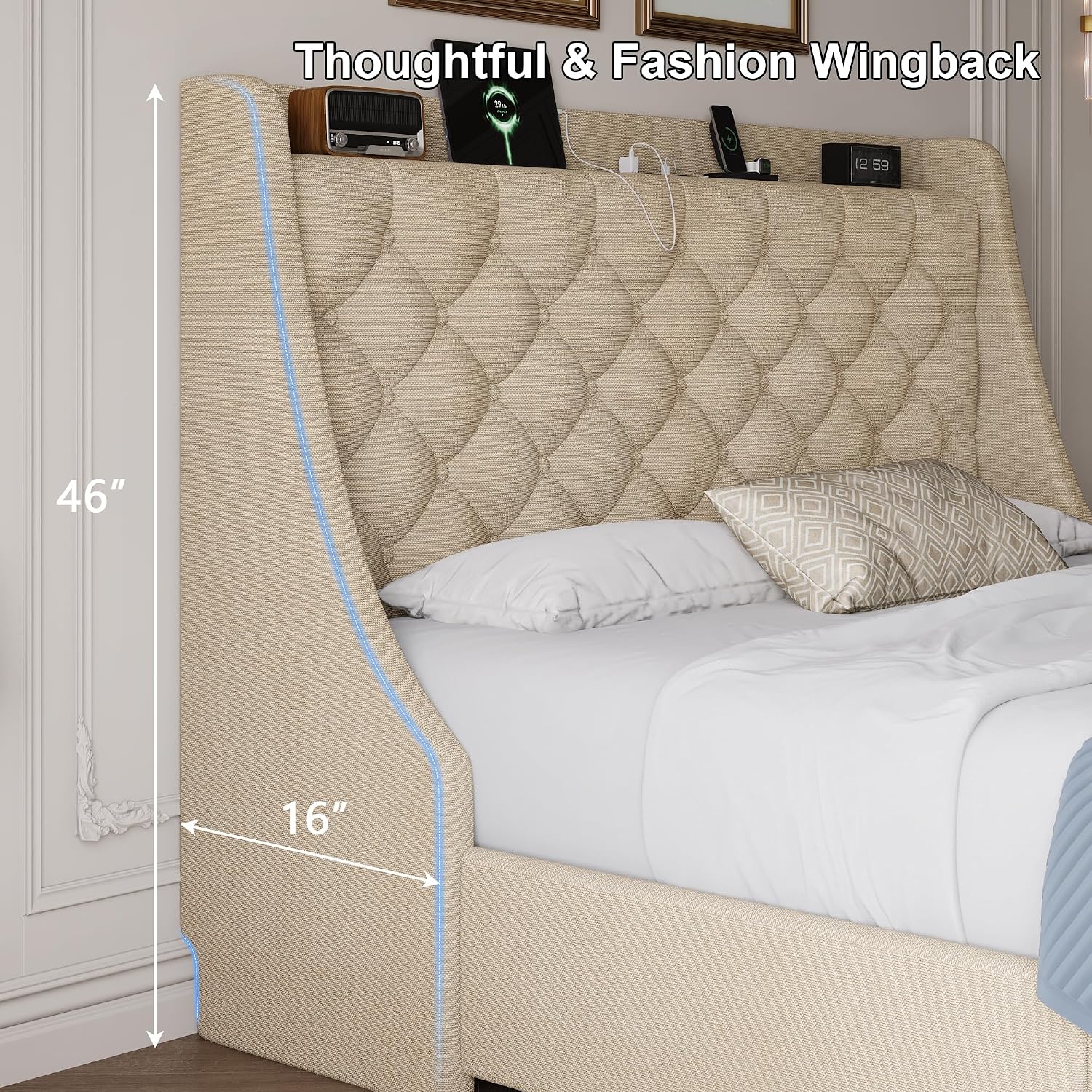 Queen Size Upholstered Platform Bed Frame with 4 Storage Drawers and Charging Station, Linen Button Tufted Wingback Headboard, Sturdy Wooden Support Slats, No Box Spring Needed, Beige