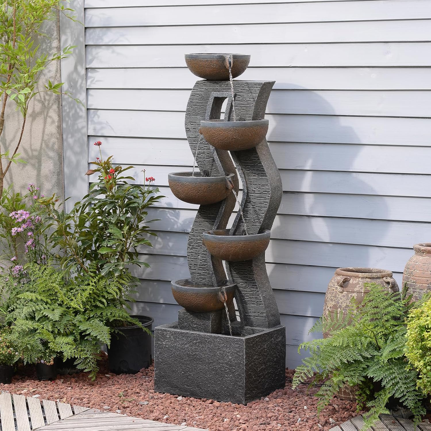 Bumilgar 52.8 Tall Garden Water Fountain Outdoor for Garden, Patio, Backyard, Deck, Porch and Home Art Decor, 6 Tiers Modern Cascading Large Outdoor Fountain with Lights