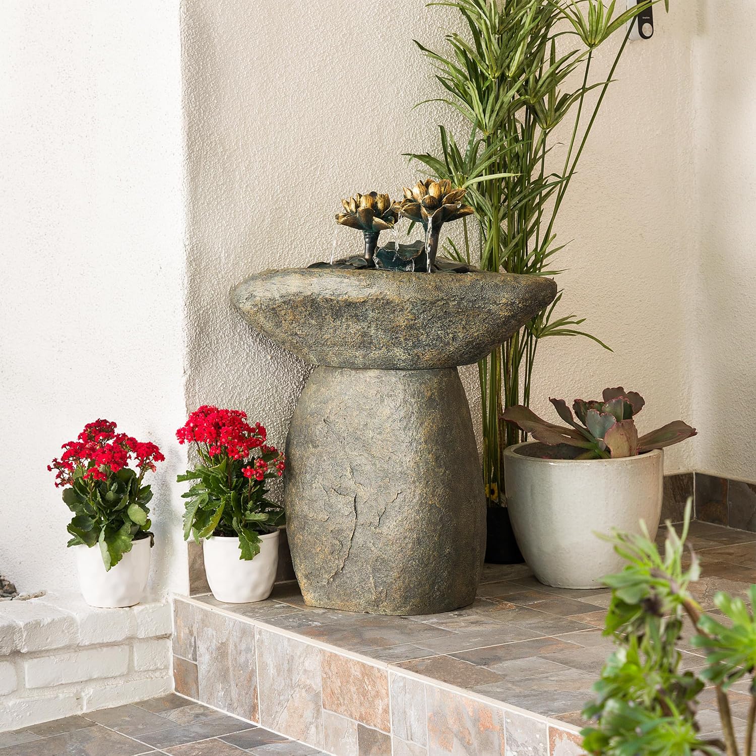 Alpine Corporation USA1393 Outdoor Floor Vintage Pedestal Lotus Rock Water Fountain, Soothing Pedestal Waterfall, 30', Brown