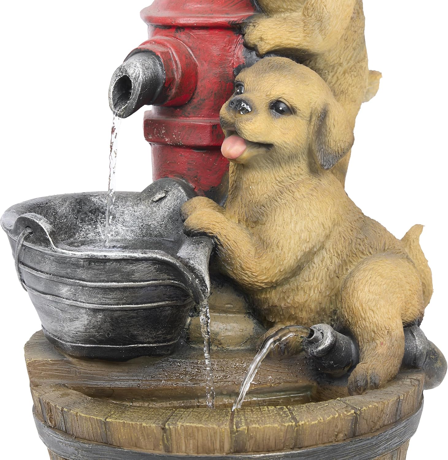 Alpine Corporation GXT986 26' Tall Outdoor Barrel Fountain with Playful Puppies, Cascading Garden Water Feature for Patio, Lawn, or Yard Decor, Brown