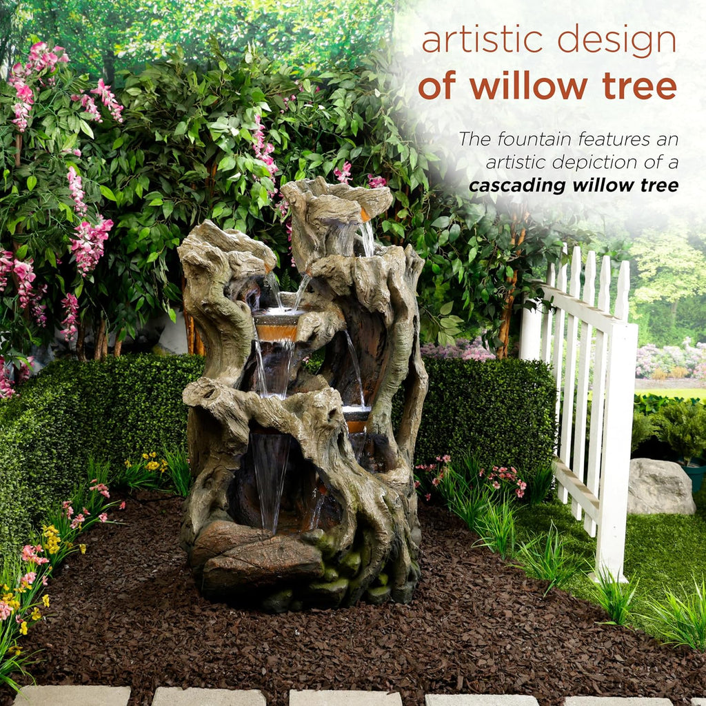 Alpine Corporation WIN1398 Outdoor Cascading Willow Tree Floor Fountain with Cool White LED Lights, 53' Tall