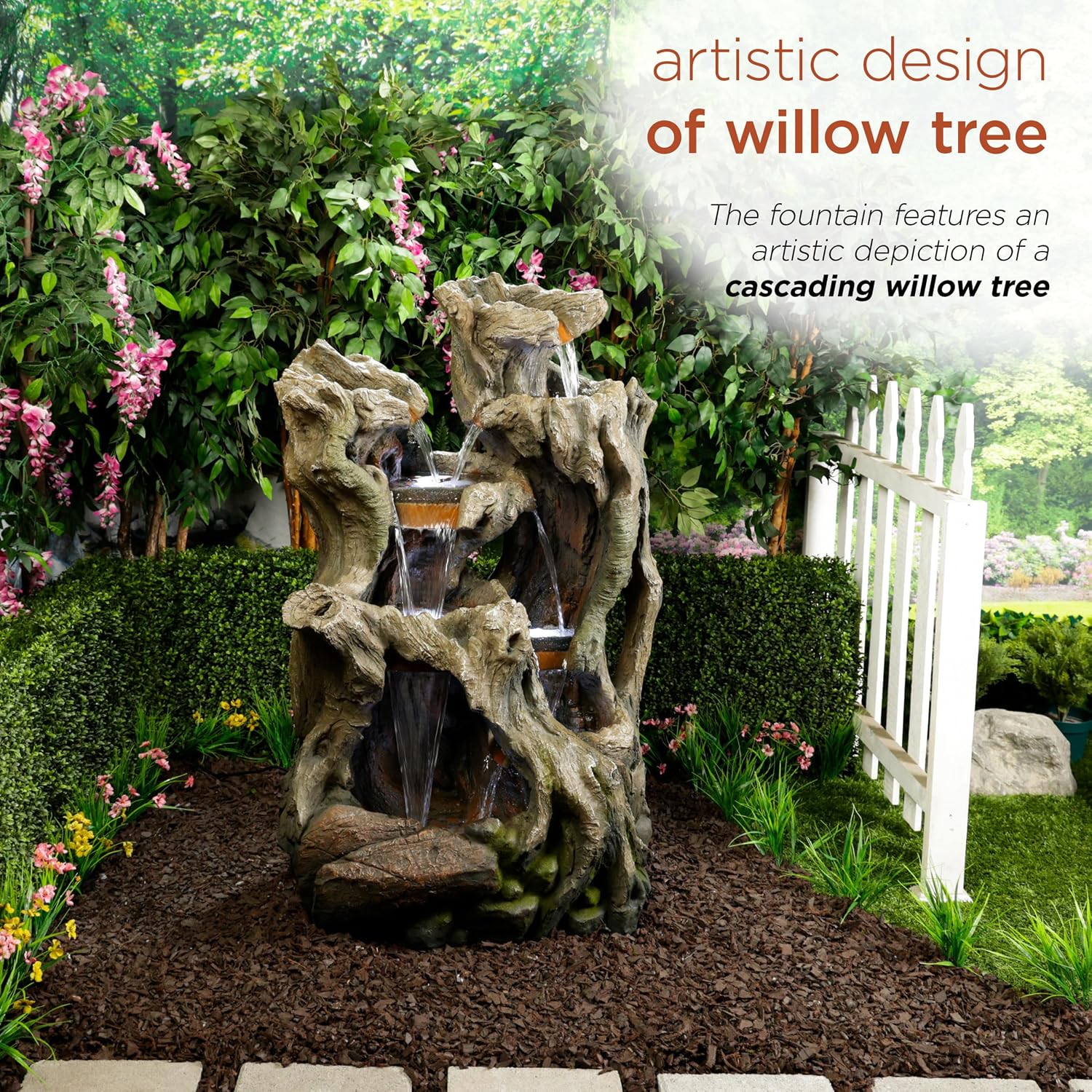 Alpine Corporation WIN1398 Outdoor Cascading Willow Tree Floor Fountain with Cool White LED Lights, 53' Tall
