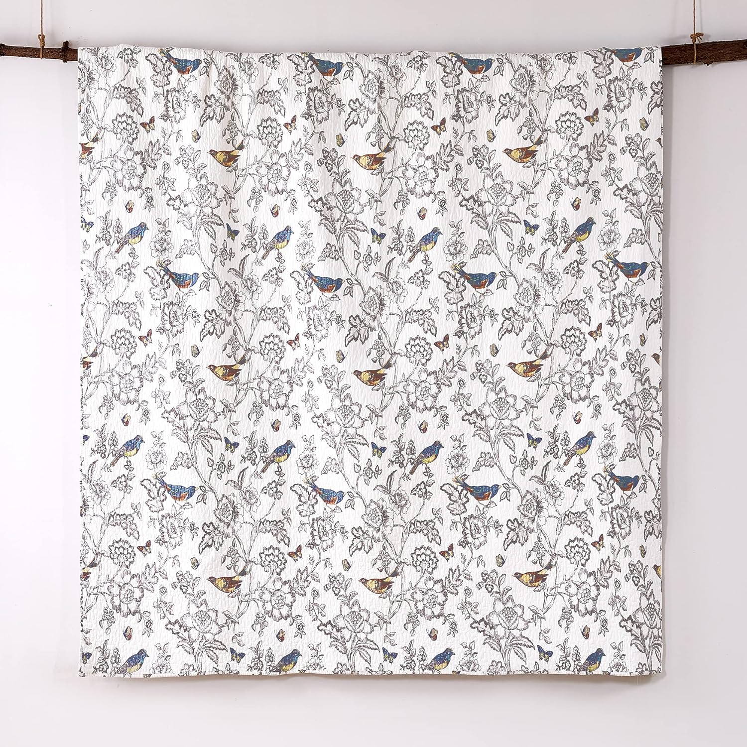 Levtex Home - Mockingbird Quilt Set - King/Cal King Quilt 106x92in. + Two King Pillow Shams 36x20in. - Grey Toile with Birds and Butterflies - Reversible Pattern - Cotton