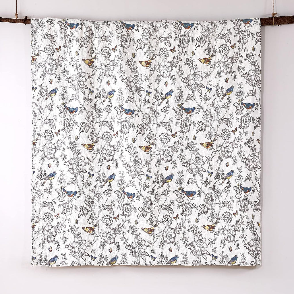 Levtex Home - Mockingbird Quilt Set - Full/Queen Quilt 88x92in. + Two Standard Pillow Shams 26x20in. - Grey Toile with Birds and Butterflies - Reversible - Cotton