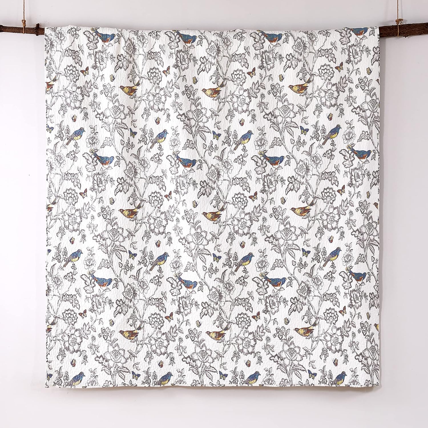 Levtex Home - Mockingbird Quilt Set - Full/Queen Quilt 88x92in. + Two Standard Pillow Shams 26x20in. - Grey Toile with Birds and Butterflies - Reversible - Cotton