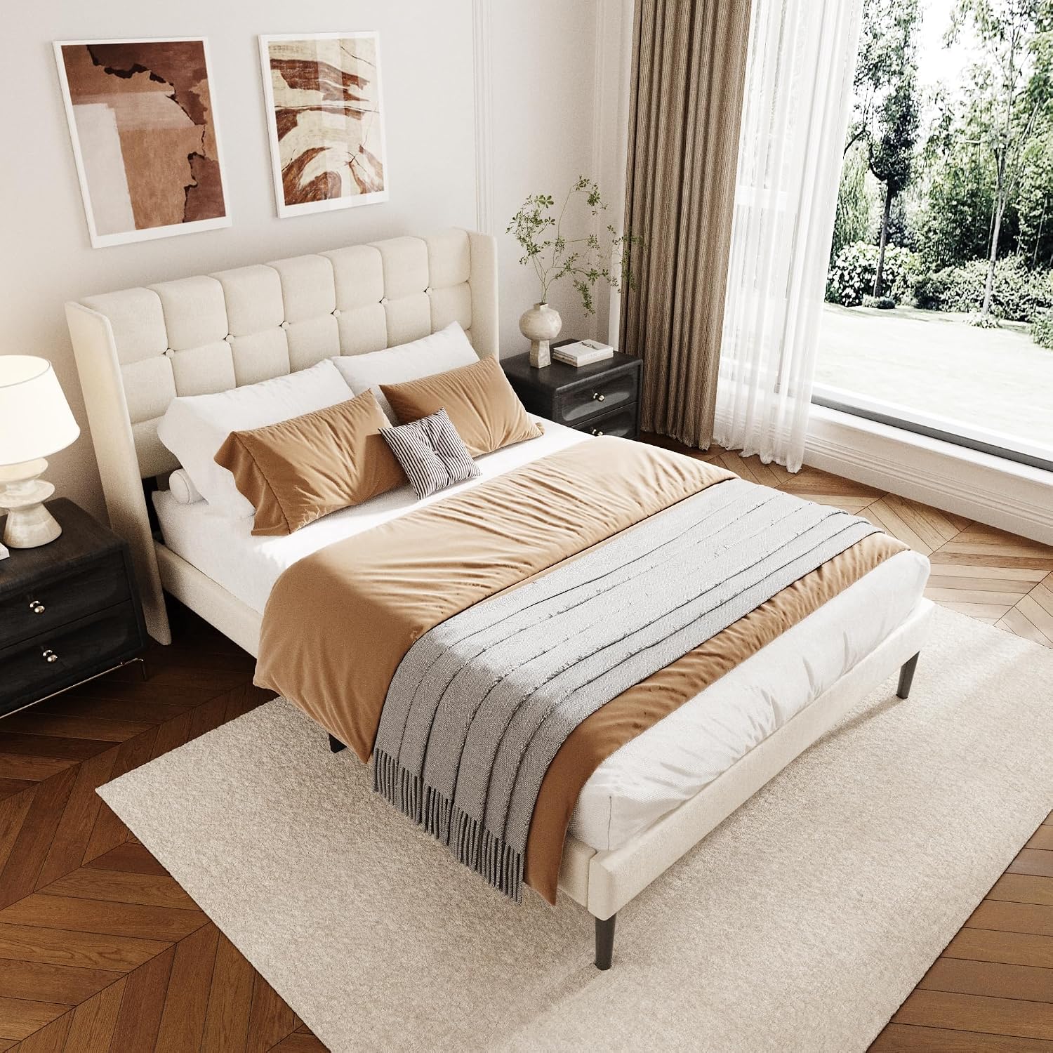 Queen Size Bed Frame with Wingback Headboard, Velvet Upholstered Platform Bed Frame with Button Tufted Headboard, Wooden Slats Support, No Box Spring Needed, Noise Free, Easy Assembly, Beige