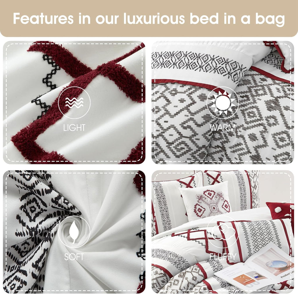 Grand Avenue White Red Comforter Set Queen Size, 7 Piece Terry Embroidery All Season Bedding Set, Bedskirt, Pillows & Shams