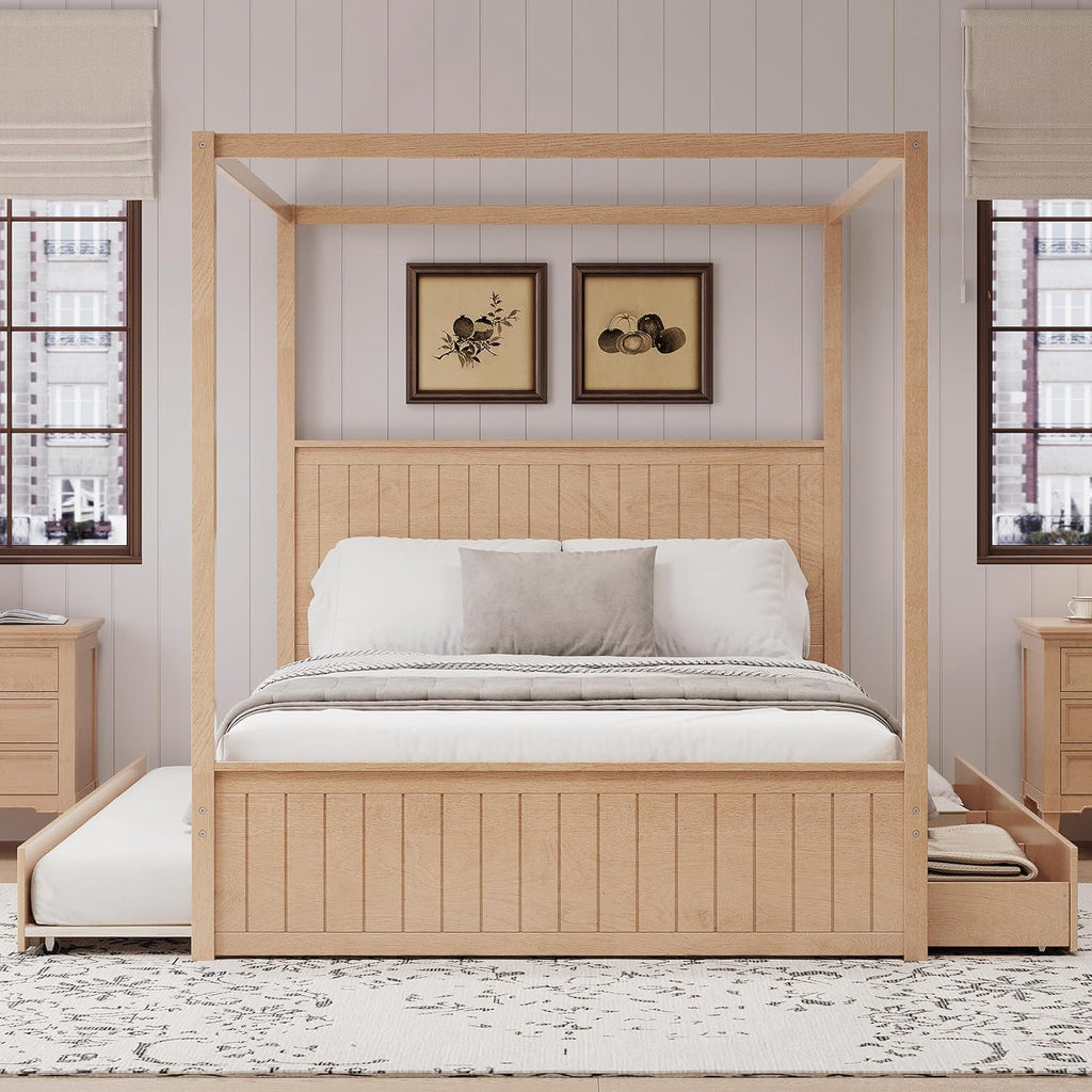 Queen Size Canopy Bed with Trundle and Three Storage Drawers, 4-Post Wood Bed Frame with Headboard, No Box Spring Needed (Natural)