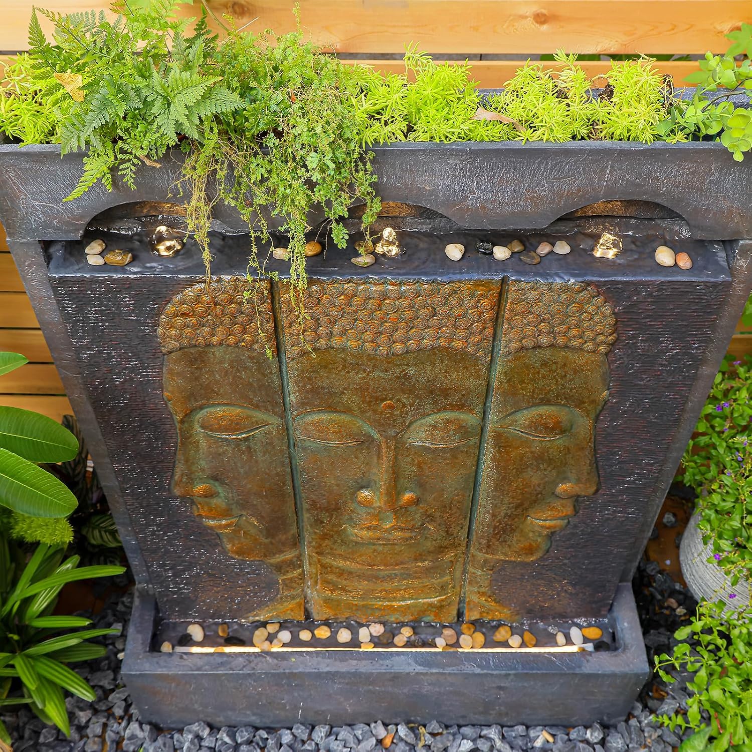 Tankana Zen Buddha Outdoor Fountain - Large Indoor Water Fountains Waterfall with Planting Groove Wall Water Feature for Garden Patio Backyard Deck Lawn Home Decor, 45 inchesTall, Gold