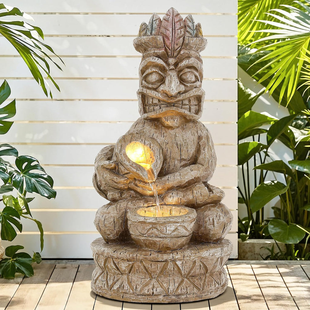 23' Tiki Outdoor Water Fountain, 2-Tier Water Feature with LED Lights, Soothing Cascading Waterfall for Tranquile, Relaxing, Meditative Patio, Backyard, Garden or Porch