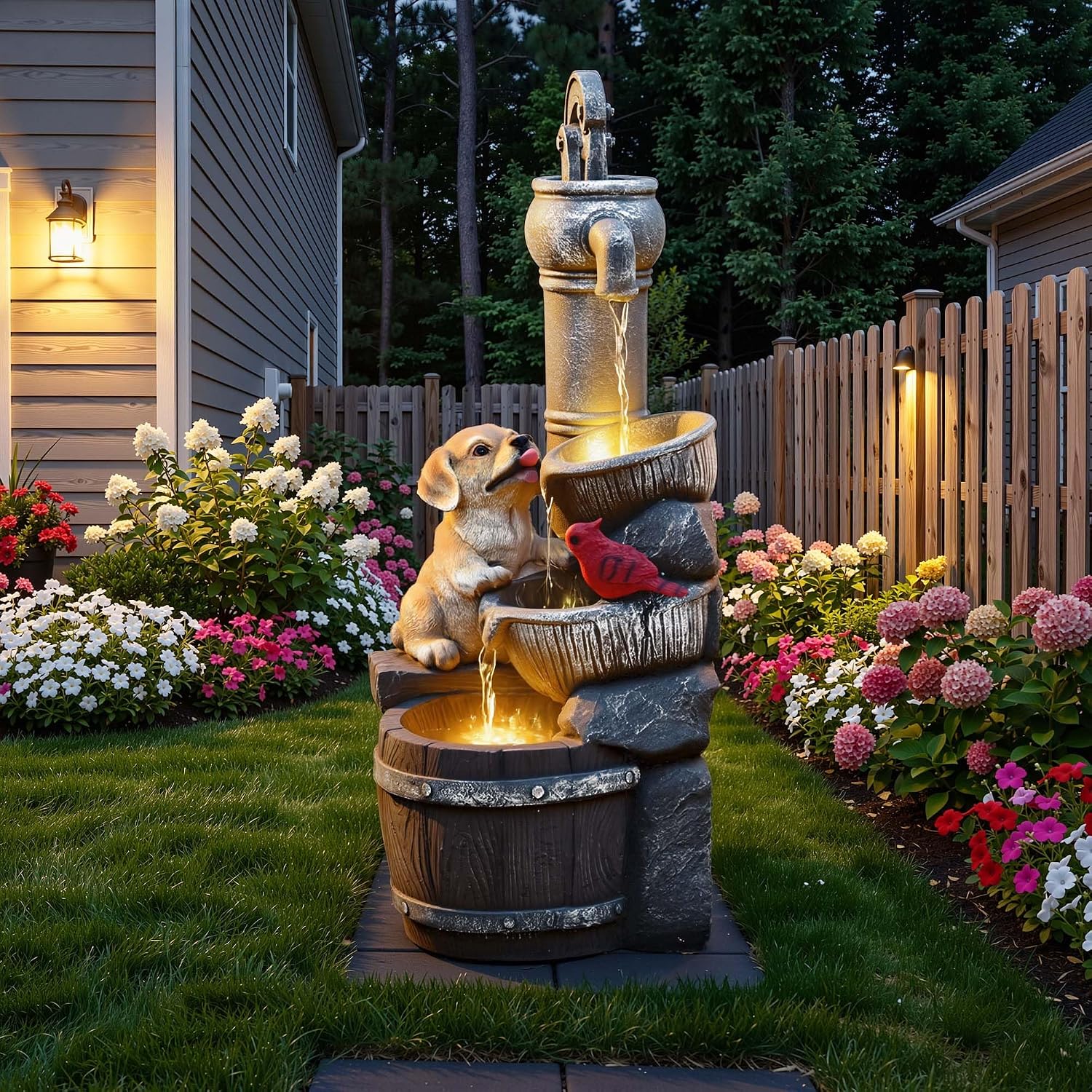 30' Puppy & Red Bird Outdoor Fountain, 3-Tier Pastoral Water Feature with LED Lights, Resin Two Bowls & Wooden Barrel Soothing Cascading Waterfall for Patio, Backyard, Garden