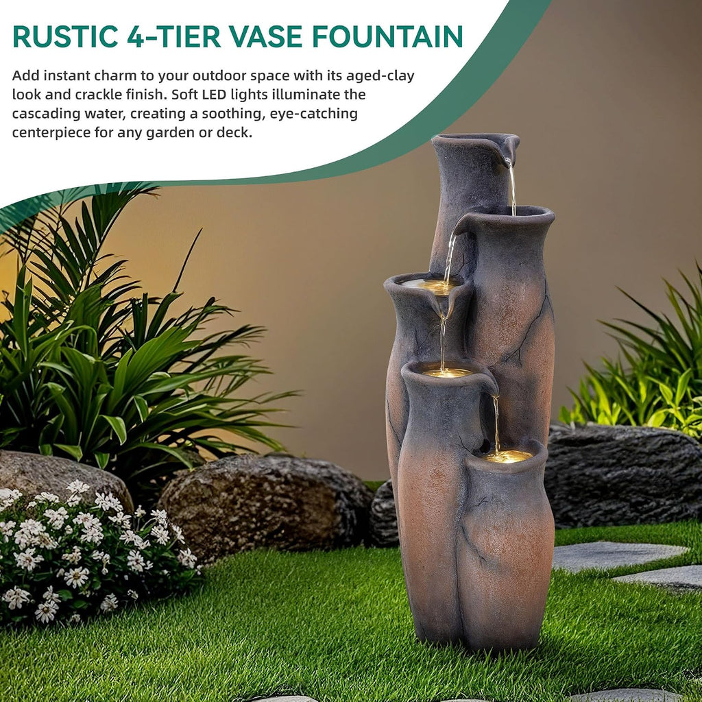 33' H Outdoor Water Fountain with Lights, 5-Tier Faux Terracotta Vase Waterfall, Rustic Cracked Stone Finish Resin Cascading Waterfall Feature with Tranquil Oasis for Garden, Patio, Yard, Porch