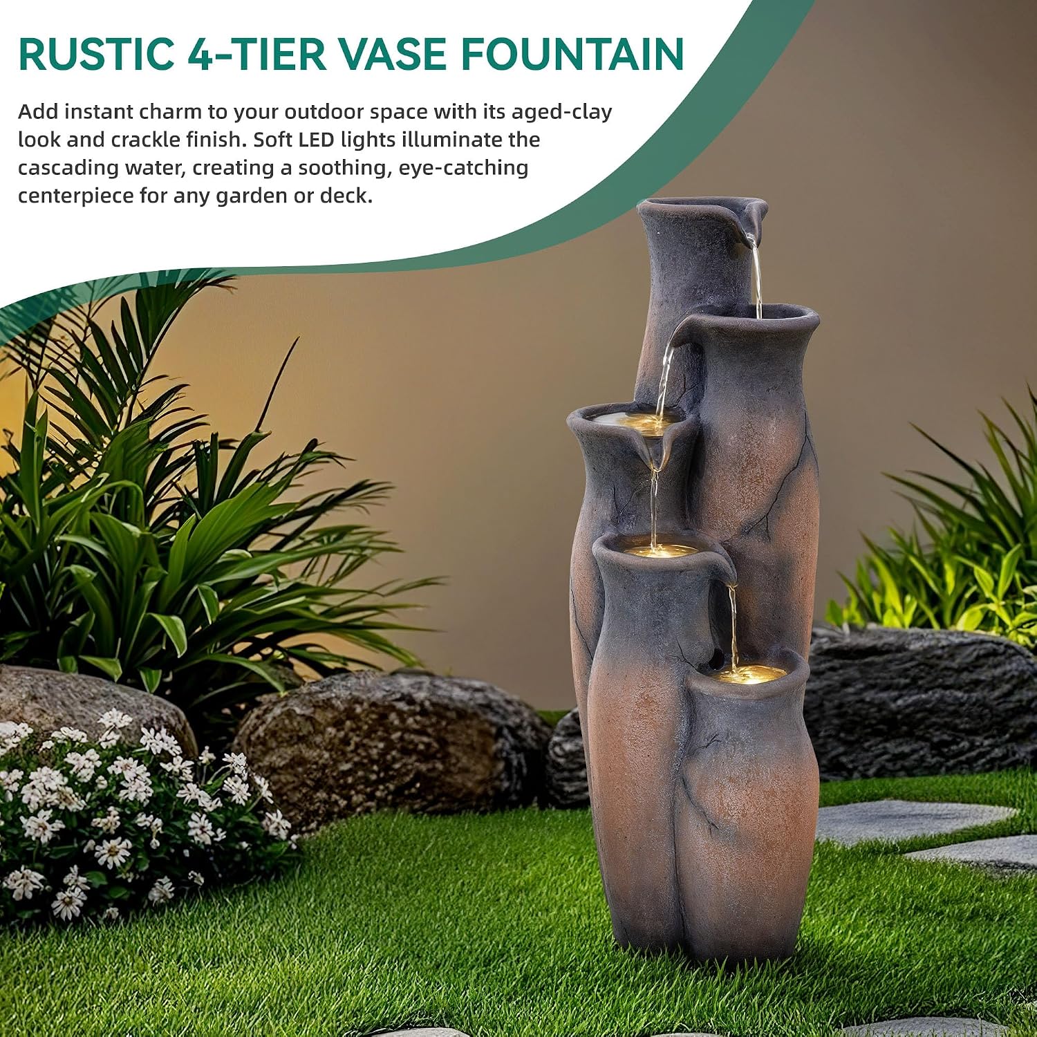 33' H Outdoor Water Fountain with Lights, 5-Tier Faux Terracotta Vase Waterfall, Rustic Cracked Stone Finish Resin Cascading Waterfall Feature with Tranquil Oasis for Garden, Patio, Yard, Porch
