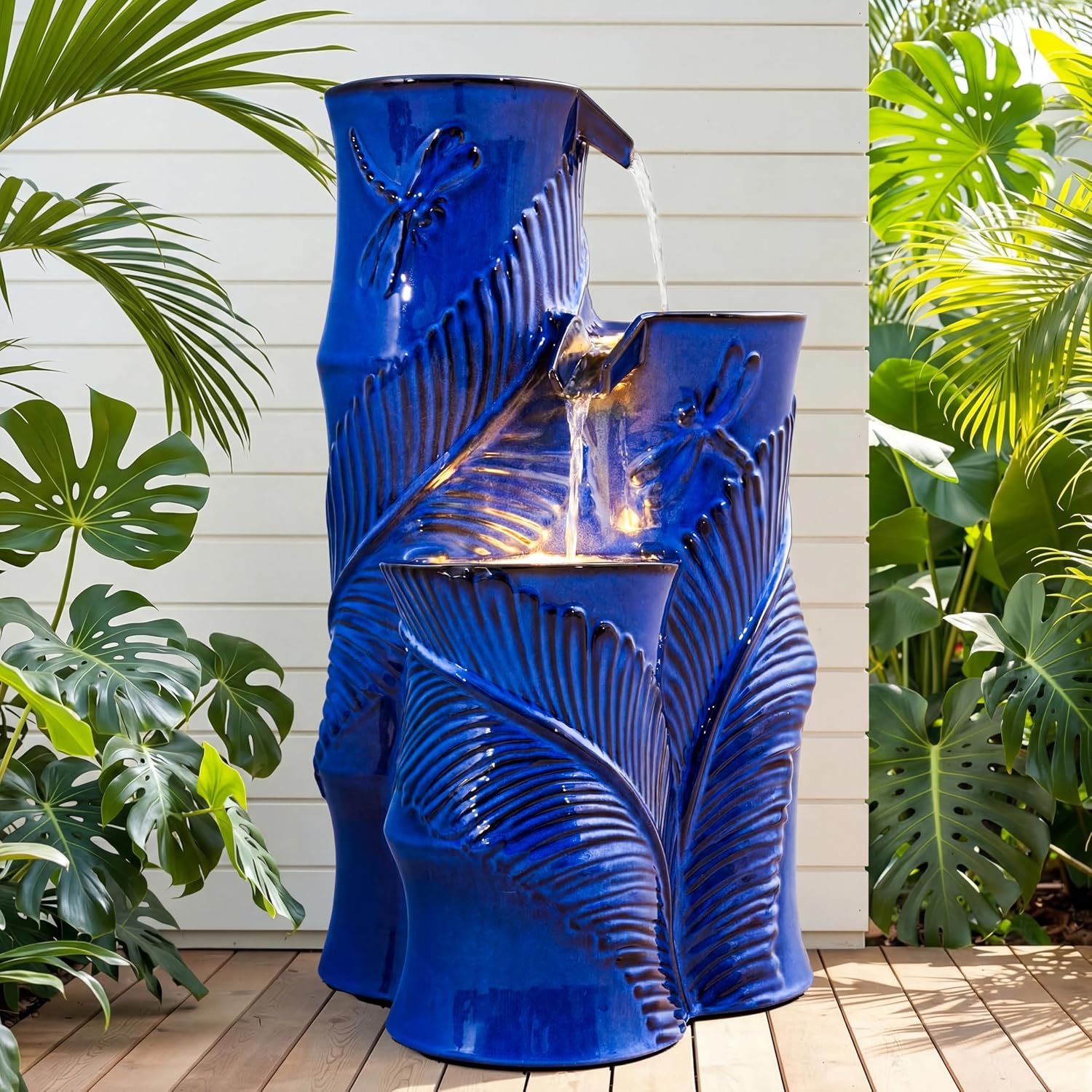 Ceramic Outdoor Water Fountain with LED Lights, 25.5' H 3-Tier Bamboo-Style Cascading Waterfall, Tropical Leaf & Dragonfly Textured Water Feature for Garden Patio Yard Relaxation Oasis