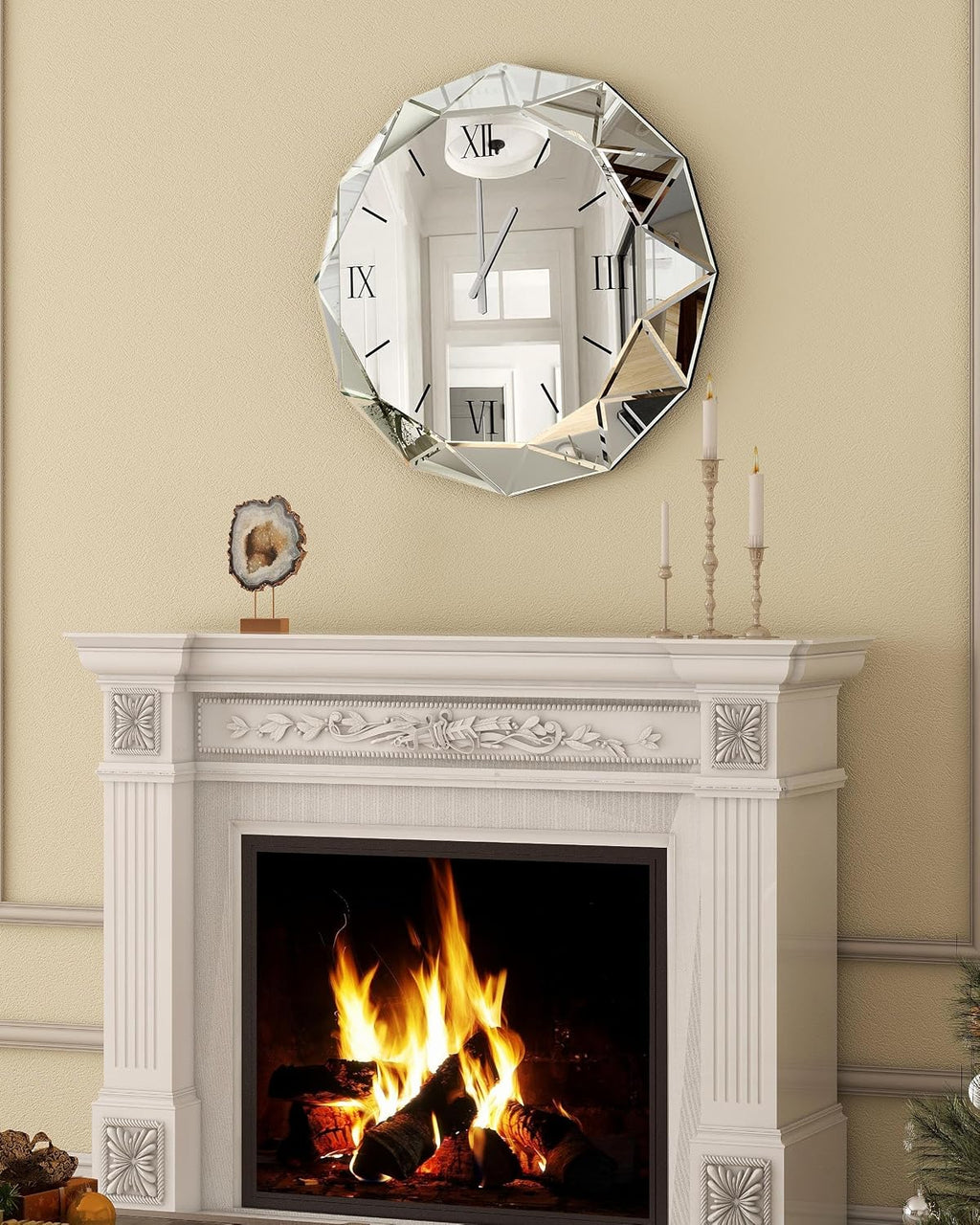 SHYFOY Decorative Wall Clock, 24 inch Mirrored Large Clock for Wall Decorative, Silver Modern Clock Silent Movement Glass Clocks for Living Room Decor