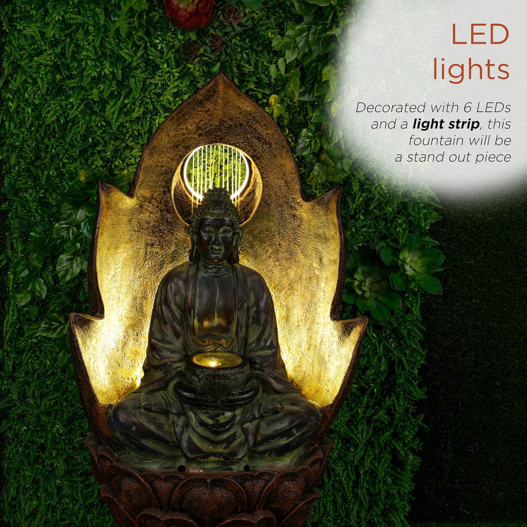 Alpine Corporation 59' Tall Outdoor Buddha Fountain with LED Lights, Elegant Water Feature for Garden, Patio, Yard & Outdoor Spaces, Realistic Stone Look, Calming Waterfall for Relaxation, Brown