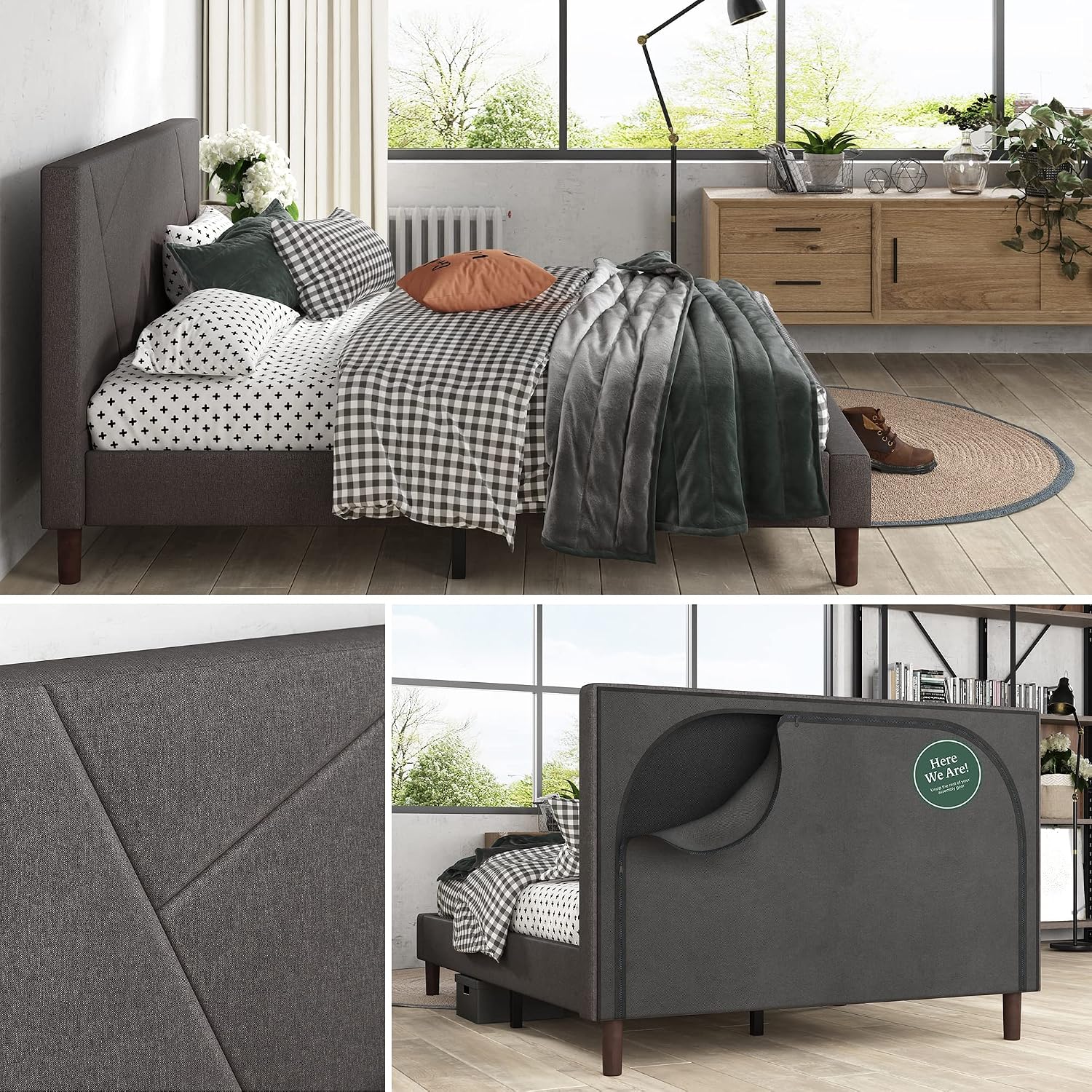 Zinus Judy Upholstered Platform Bed Frame, Mattress Foundation, Wood Slat Support, No Box Spring Needed, Easy Assembly, Full Grey