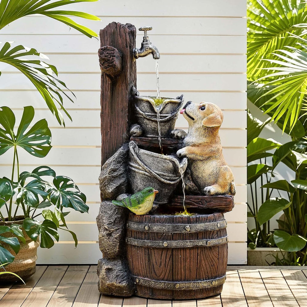 24.5' Puppy & Green Bird Outdoor Fountain, 3-Tier Pastoral Water Feature with LED Lights, Resin Buckets & Wooden Barrel Soothing Cascading Waterfall for Patio, Backyard, Garden