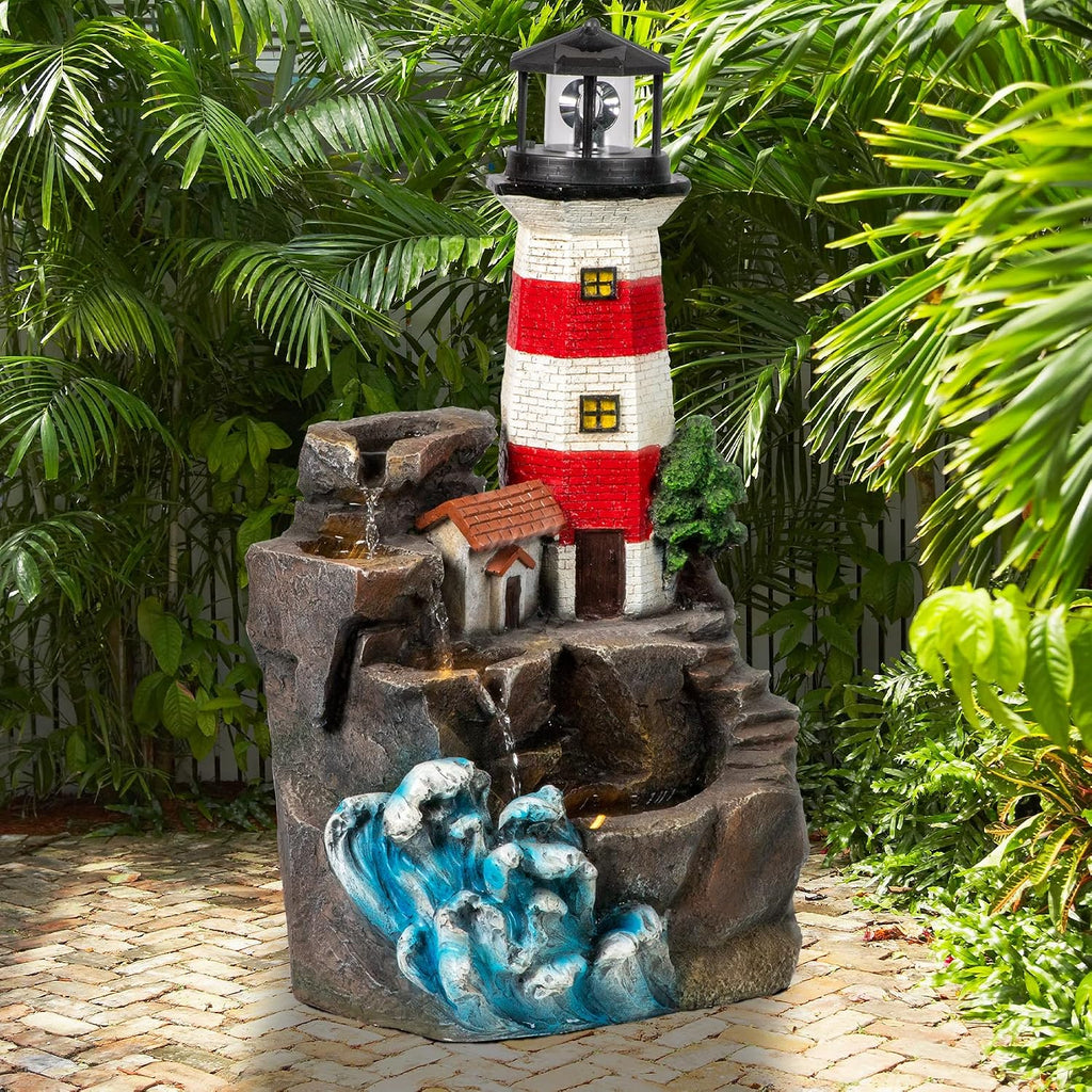 Ferrisland Lighthouse Big Waterfall Fountain Outdoor, Freestanding Relaxing Water Fountain, Garden Backyard Decking Home Nautical Art Decor, Gift Ideas(Red & White, 23' H)