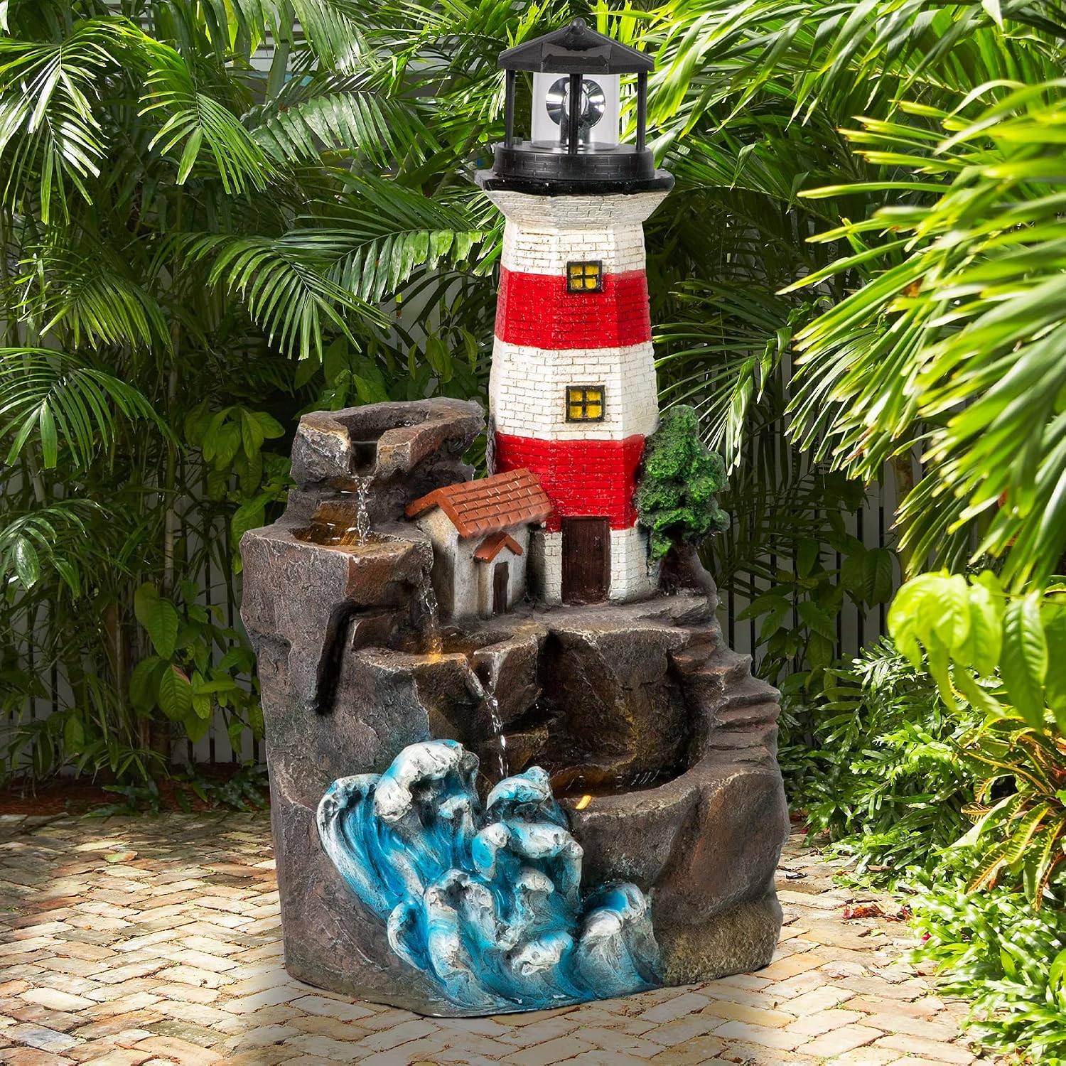Ferrisland Lighthouse Big Waterfall Fountain Outdoor, Freestanding Relaxing Water Fountain, Garden Backyard Decking Home Nautical Art Decor, Gift Ideas(Red & White, 23' H)