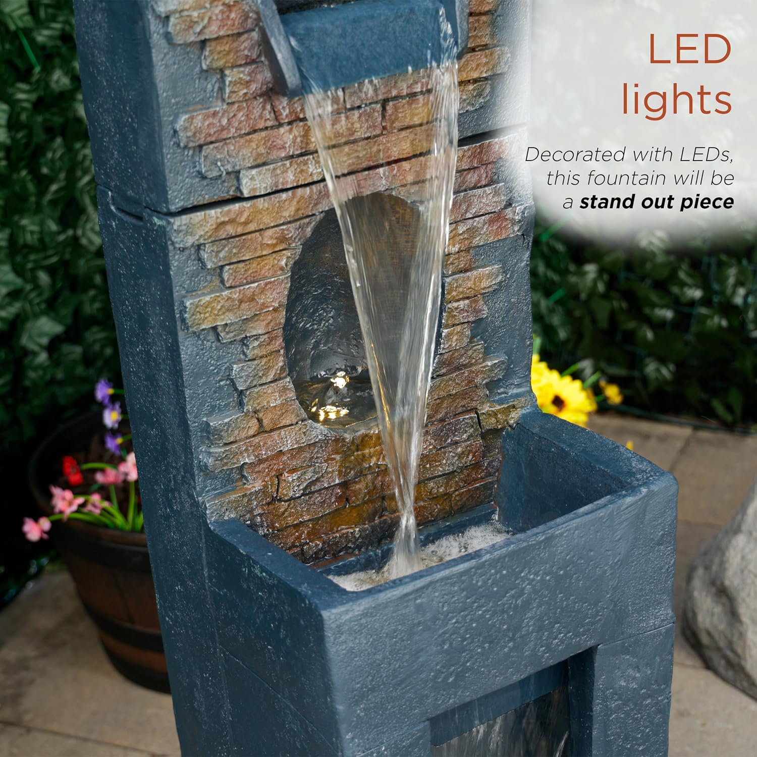 Alpine Corporation TZL398 40' Stone Wall Cascading Fountain with LED Lights, Elegant Outdoor Water Feature for Garden, Patio, Backyard & Home Decor, Relaxing Waterfall Fountain, Gray