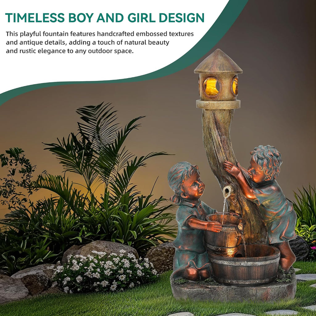 31' Boy & Girl Outdoor Water Fountain with LED Lights, Pagoda and Wood Barrel Garden Fountain, 3-Tier Cascading Waterfall for Tranquil Backyard, Patio or Porch, Faux Bronze Finish