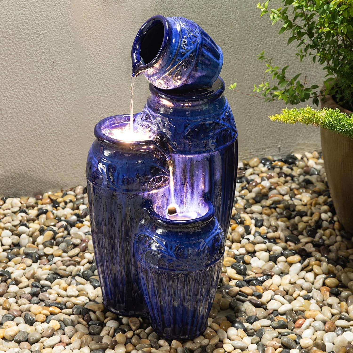 Glitzhome 27.25' H Outdoor Garden Water Fountain with LED Lights and Pump, 4 Tier Cobalt Blue Embossed Pattern Ceramic Pots Cascading Floor Standing Fountain for Porch Deck Patio Backyard Decoration