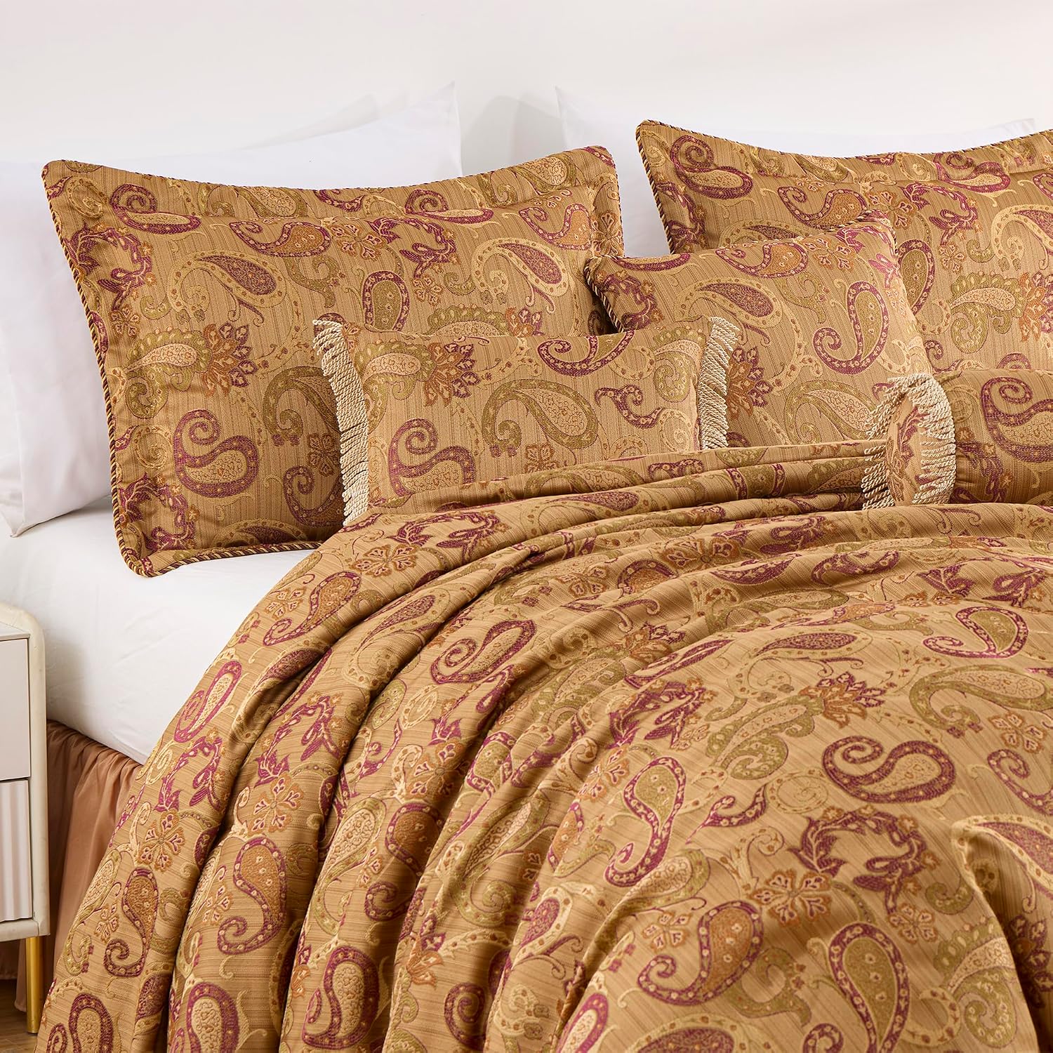 Chezmoi Collection Adelle 7-Piece Paisley Jacquard Embroidered Comforter Bedding Set, Oversized King Size