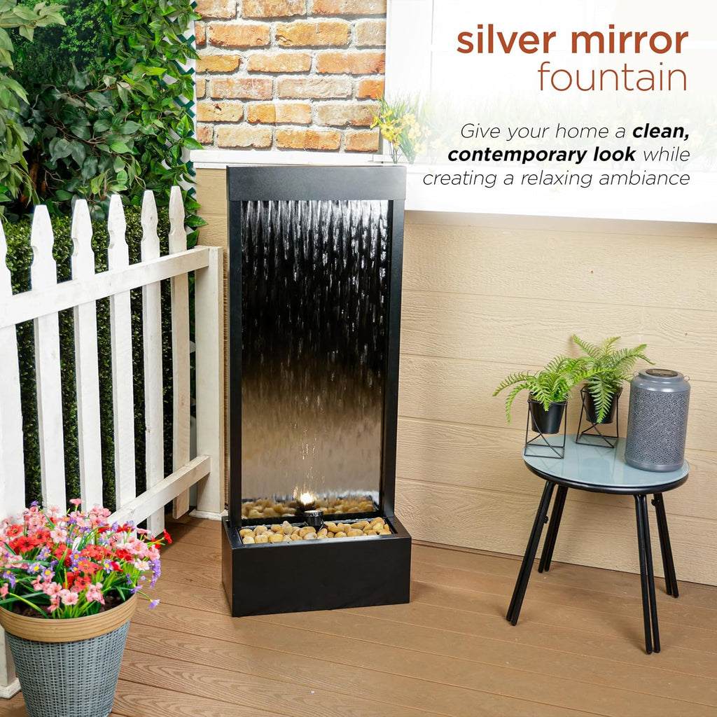 Alpine Corporation - Mirror Waterfall Fountain with Stones & Lights - Zen Indoor/Outdoor Decor for Office, Living Room, Patio, Entryway - 48 Inches (Silver)