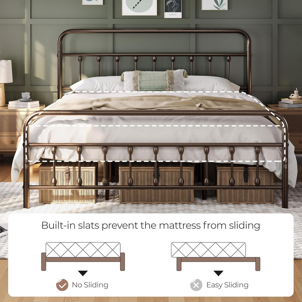 Topeakmart King Size Victorian Style Metal Bed Frame with Headboard/Mattress Foundation/No Box Spring Needed/Under Bed Storage/Strong Slat Support Bronze