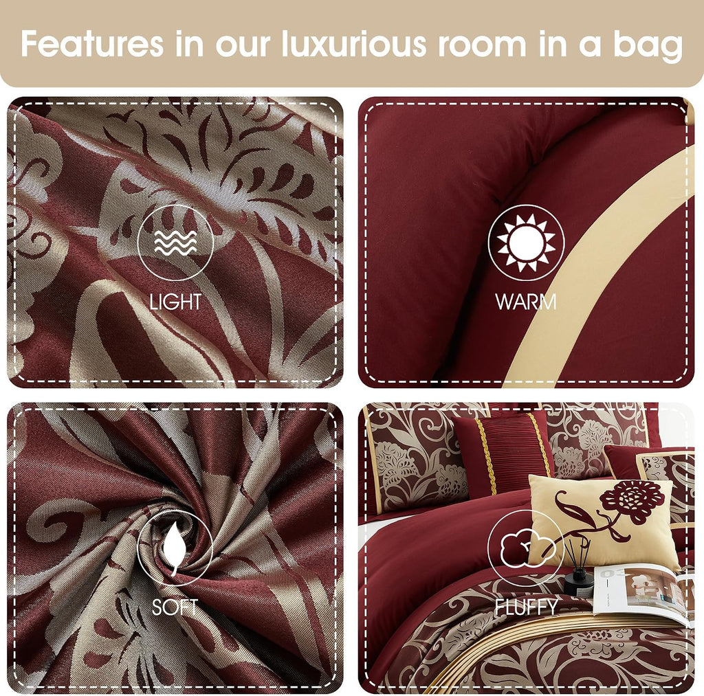 Stratford Park Red and Gold Comforter Set Queen Size, 9 Piece Jacquard Floral Bedding Set, All Season, Ultra-Soft, Matching Pillows & Shams, Bed Skirt, Curtains
