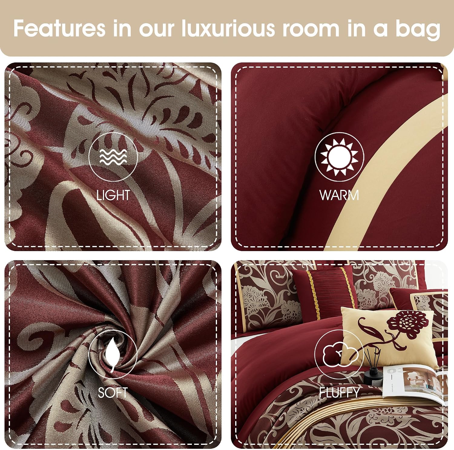 Stratford Park Red and Gold Comforter Set California King Size, 9 Piece Jacquard Floral Bedding Set, All Season, Ultra-Soft, Matching Pillows & Shams, Bed Skirt, Curtains