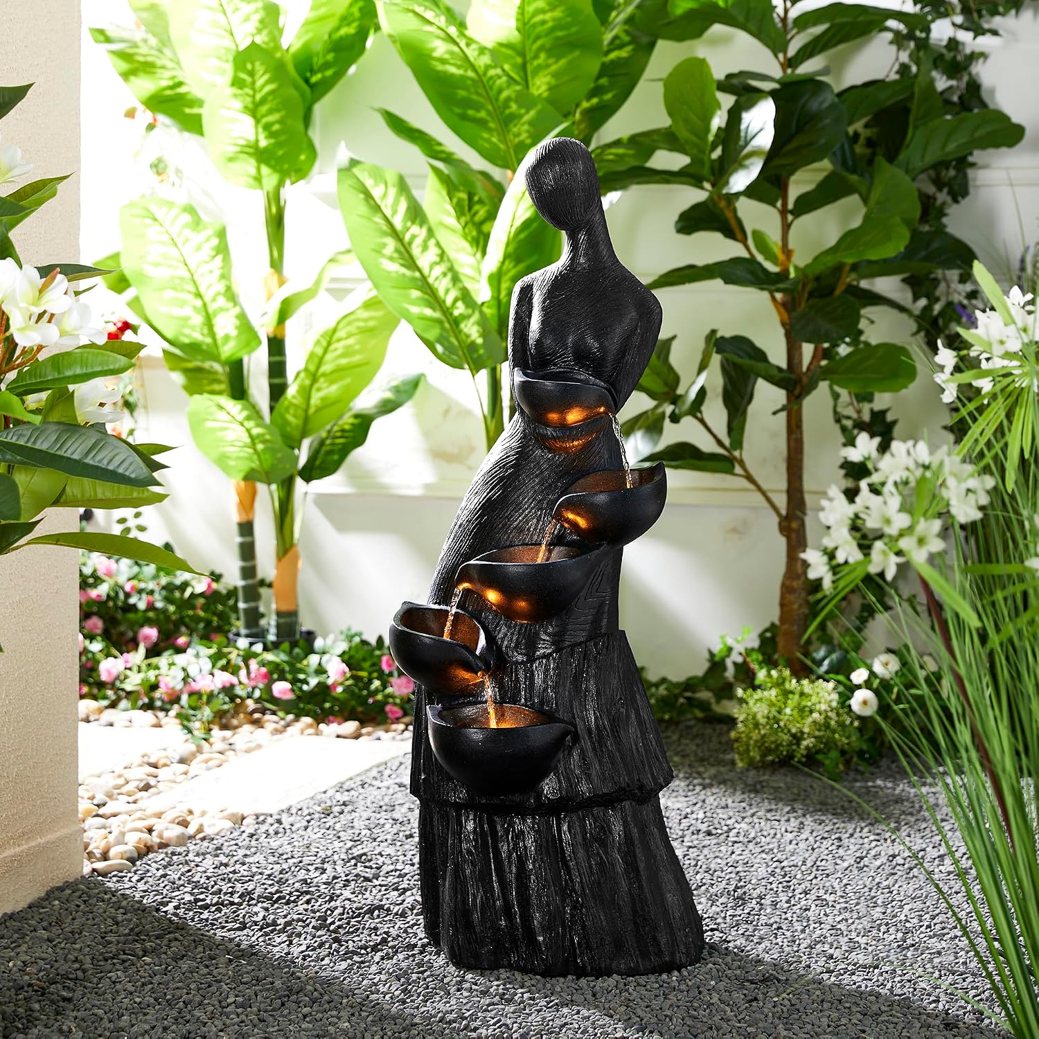 Glitzhome 5 Tier Modern Women Sculpture Outdoor Water Fountain, Indoor Outdoor Woman Statue Waterfall Fountain with LED Lights for Porch Deck Garden Patio Backyard, 39.75' H