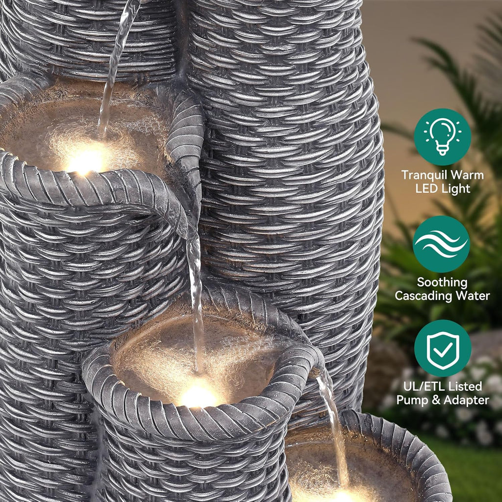 Outdoor Water Fountain with Lights, 5-Tier Faux Rattan Vase Waterfall, Textured Gray Polyresin Cascading Waterfall Feature with Soothing White Noise for Garden, Patio, Yard, or Porch