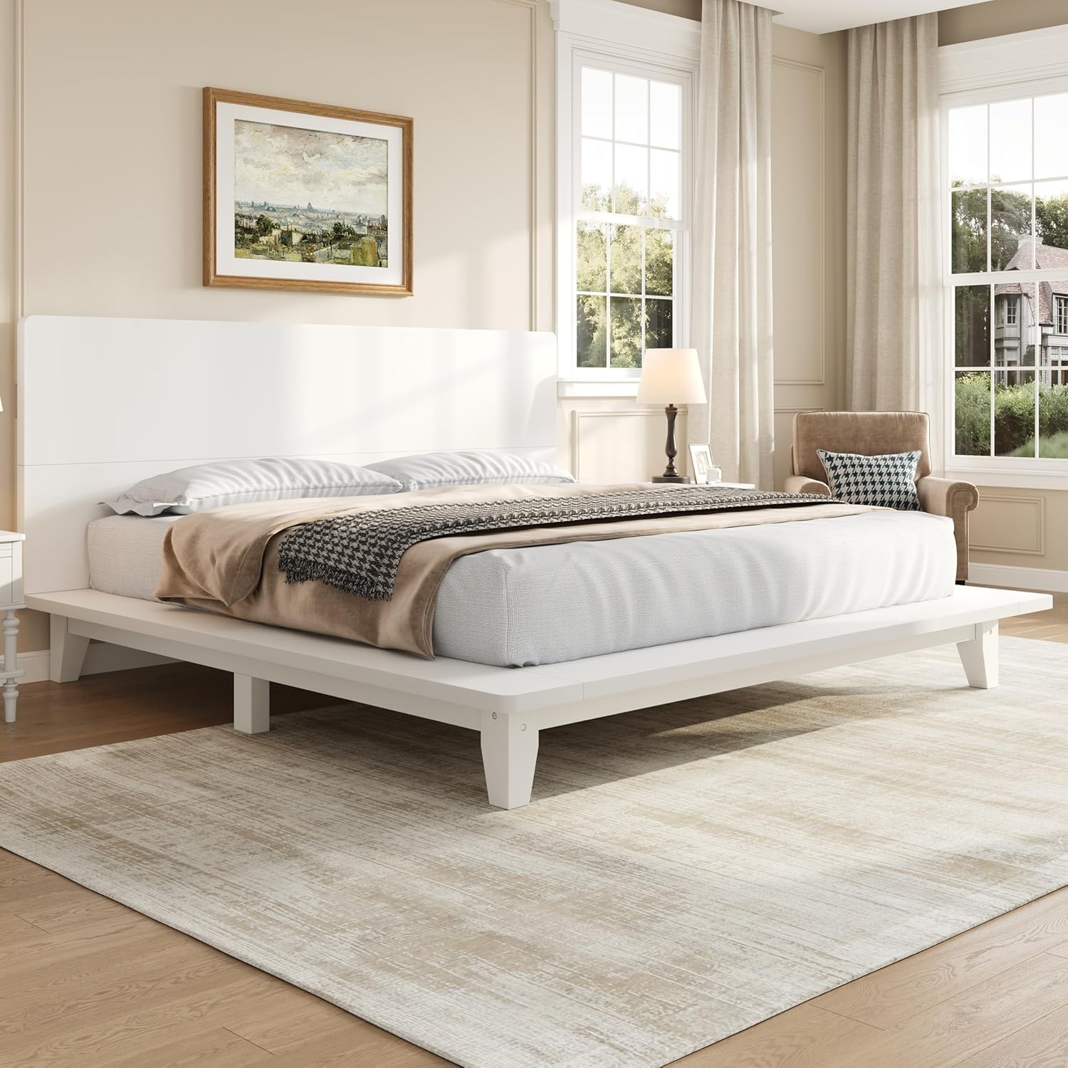 Merax Queen Size Solid Wood Platform Bed Frame, Modern Comfortable with Headboard, Slat Support, No Box Spring Needed, White