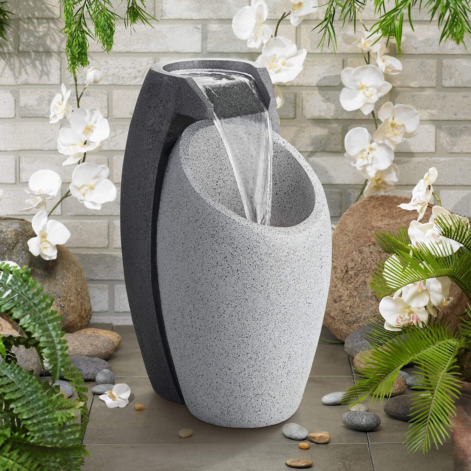 Waterfall 25' High Large Modern Indoor Outdoor Decor Faux Stone Floor Fountain with Light LED Pot Standing Water Feature for Outside Garden Patio Yard Backyard Porch Deck Relaxation - John Timberland